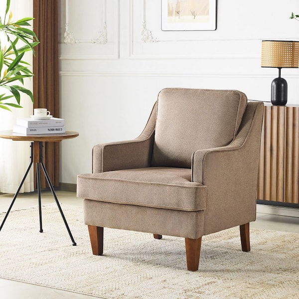 Light Brown Velvet Arm Chair with High Armrest T-Shaped Seat Cushion Solid Wood Legs