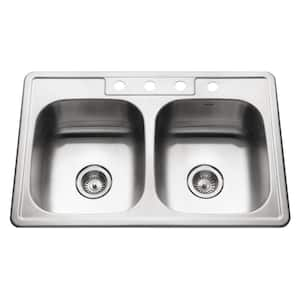 Houzer Glowtone 33 in. Stainless Steel Topmount 4-hole 50/50 Double Bowl 8 in. Deep Kitchen Sink - 3322-8BS4-1