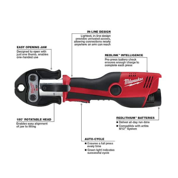 Milwaukee M12 12 Volt Lithium Ion Force Logic Cordless Press Tool Kit 3 Jaws Included with Free M12 Copper Tubing Cutter Kit 2473 22 2471 21 The Home Depot