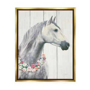 Spirit Stallion Horse With Flower Wreath by James Wiens Floater Frame Animal Wall Art Print 17 in. x 21 in. .