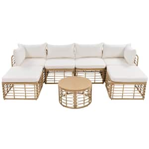 7-Piece Khaki Wicker Outdoor Sectional Sofa Set with Beige Cushions and Pillows for Garden Backyard Balcony