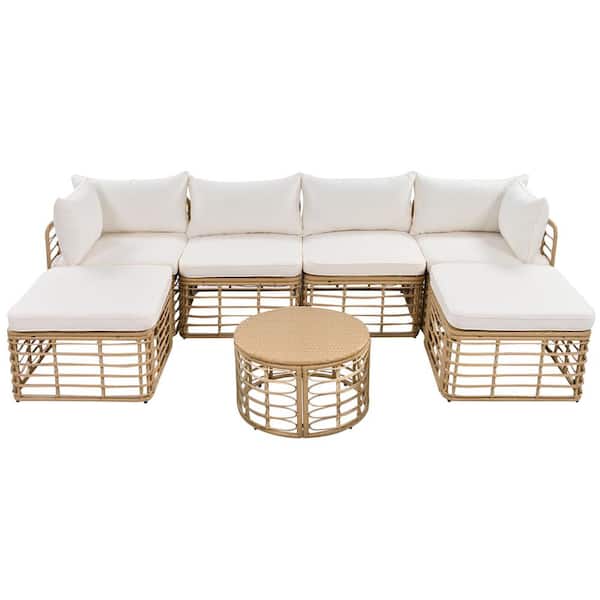 7-Piece Khaki Wicker Outdoor Sectional Sofa Set with Beige Cushions and Pillows for Garden Backyard Balcony