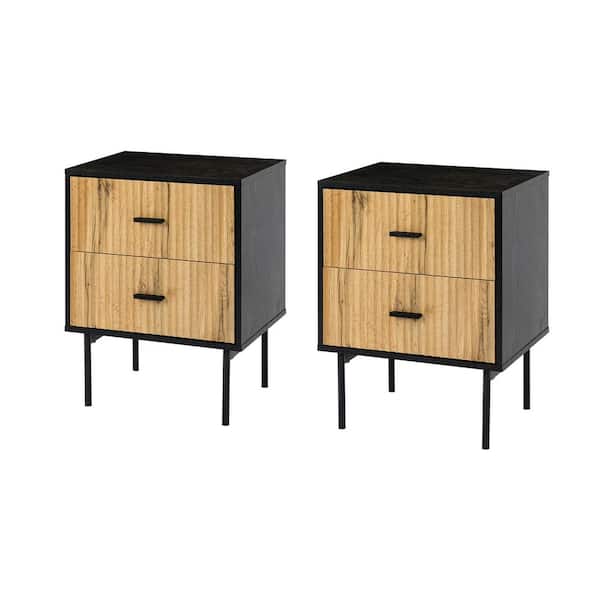 JAYDEN CREATION Hugh Black Contemporary Classic 2-Drawer Nightstand with Metal Legs and Charging Station Set of 2