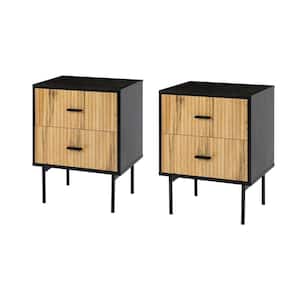 Hugh Black Contemporary Classic 2-Drawer Nightstand with Metal Legs and Charging Station Set of 2