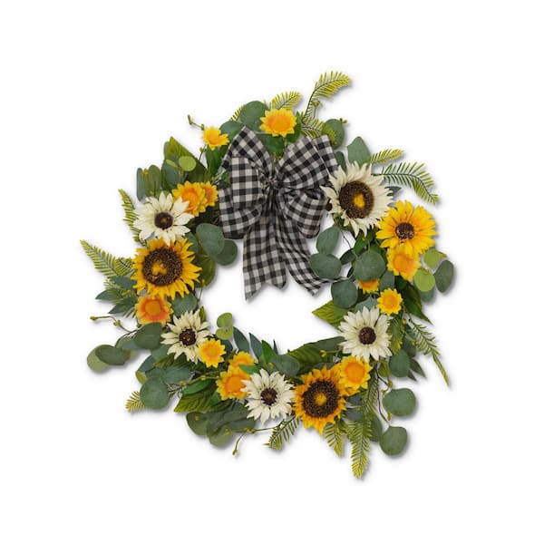 GERSON INTERNATIONAL 22 in. Artificial D Sunflower and Eucalyptus Wreath