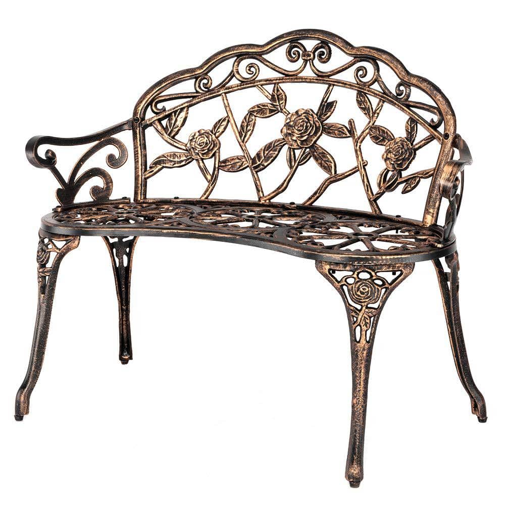 38.5 in. Patio Park Garden Outdoor Metal Rose Bench, Cast Iron Cast Alumini