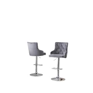 Alexa 40 in.-48 in. H Dark Grey Adjustable Bar Stool w/ Silver Chrome Base, Faux Crystals and Nailhead Trim (Set of 2)