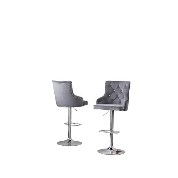 Best Quality Furniture Alexa 40 in.-48 in. H Dark Grey Adjustable Bar Stool w/ Silver Chrome Base, Faux Crystals and Nailhead Trim (Set of 2)
