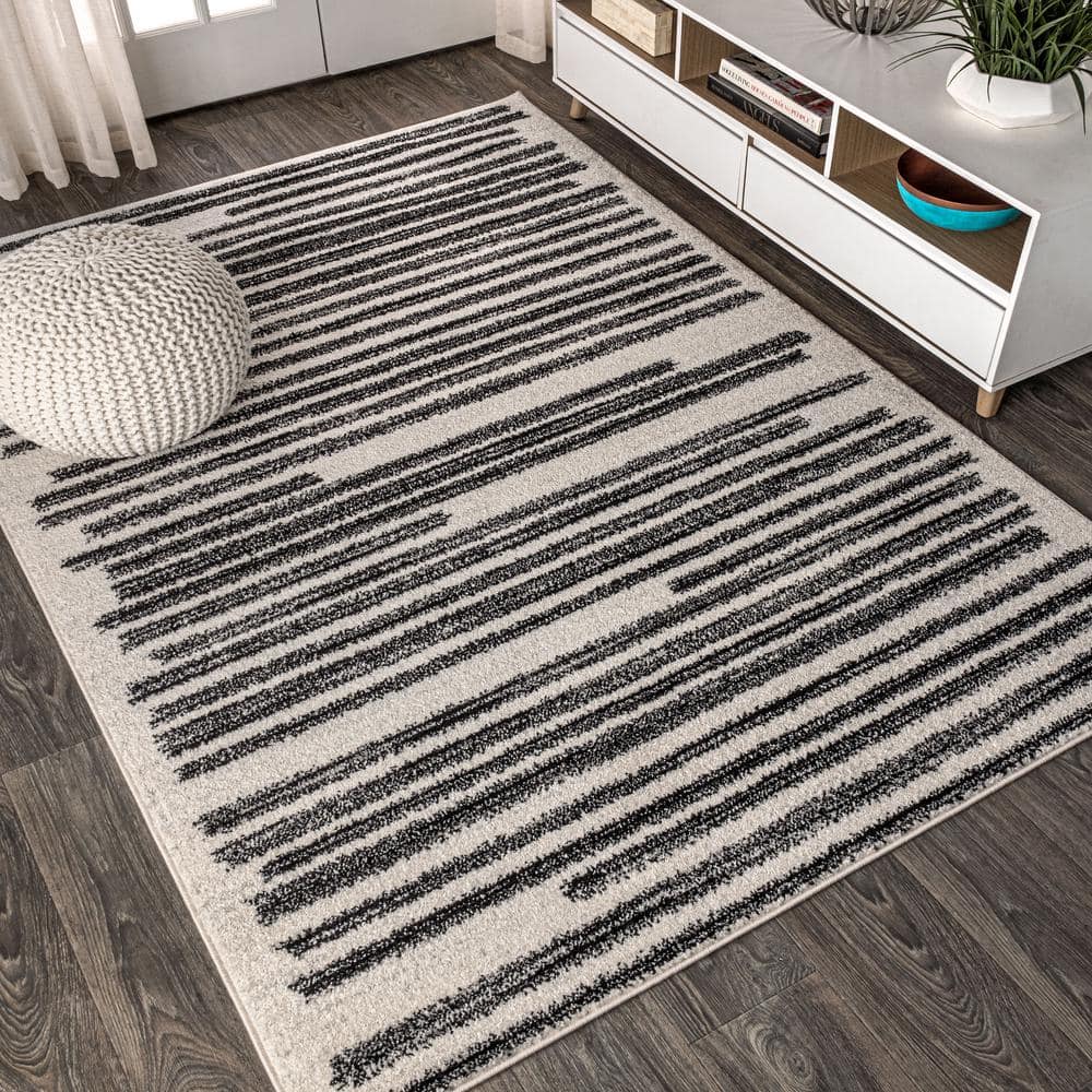 Khalil 8' x 10' Black and Cream Synthetic Stripe Rug
