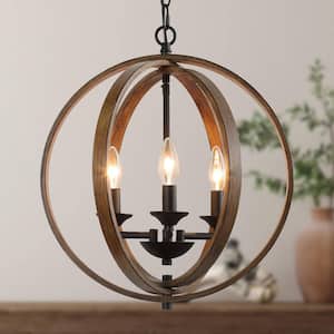 Farmhouse Black Chandelier Globe Candlestick 3-Light Cage Kitchen Island Pendant Chandelier with Faux Wood Accent