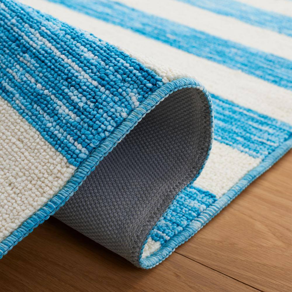 Blue and Ivory Striped Synthetic 4' x 6' Washable Rug