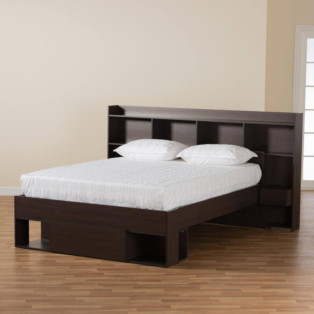 Dexton Dark Brown Queen Wood Platform Storage Bed with Shelves