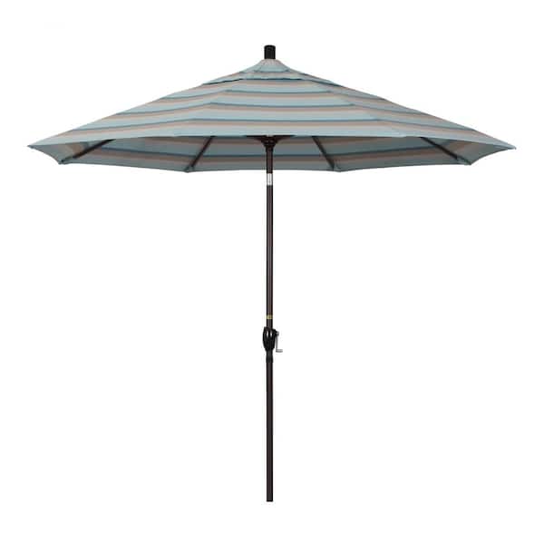 California Umbrella 9 ft. Bronze Aluminum Market Push Button Tilt Crank Lift Patio Umbrella in Gateway Mist Sunbrella