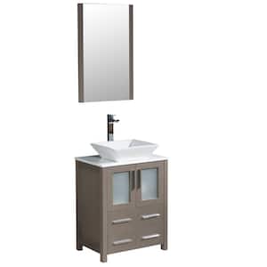 Torino 24 in. Vanity in Gray Oak with Glass Stone Vanity Top in White with White Basin and Mirror (Faucet Not Included)