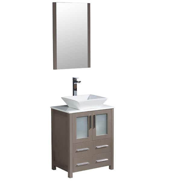 Fresca Torino 24 in. Vanity in Gray Oak with Glass Stone Vanity Top in White with White Basin and Mirror (Faucet Not Included)