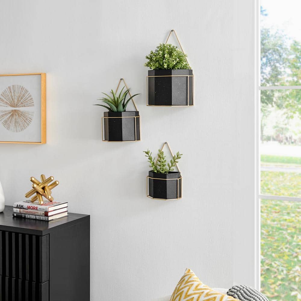 Set of 3 Black and Gold Geometric Metal Wall Planters