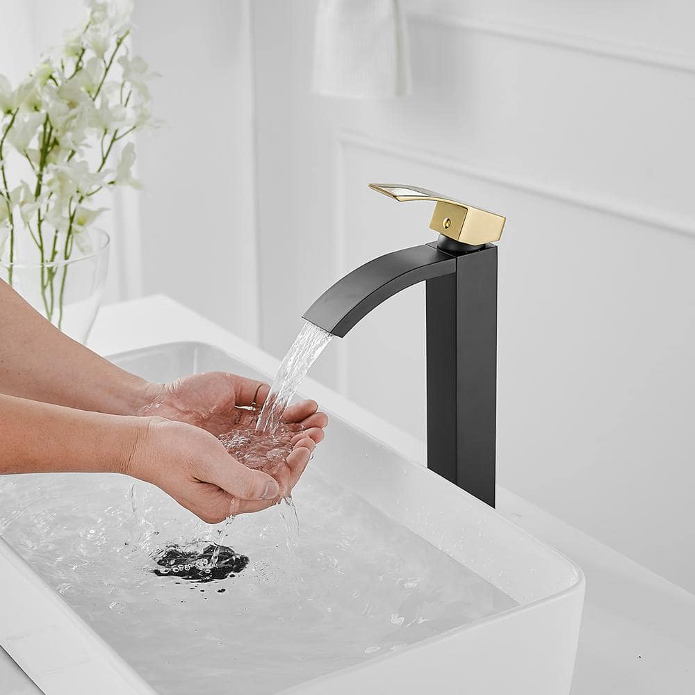 Gold and Black Waterfall Single Handle Vessel Sink Faucet