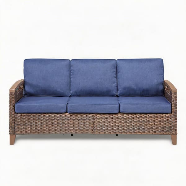 Wicker Outdoor Sofa Couch with Blue Cushions, Deep Seating Patio Couch for Porch Garden