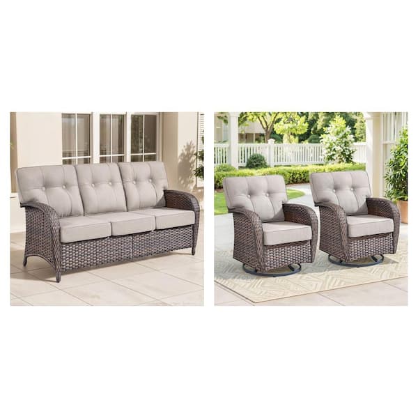 Modern Seaside Series Wicker Outdoor Patio Sofa Couch (3-Seat) and Rocking Chair (2-Piece) with Beige Cushions