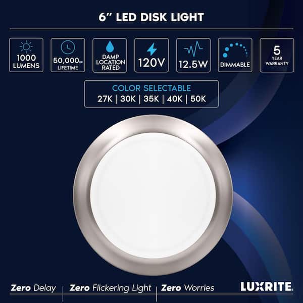 6 in., Damp Rated Brushed Nickel LED Disk Lights, Dimmable Flush Mount, 5CCT 2700K - 5000K, 12.5-Watt, 1000 Lumens