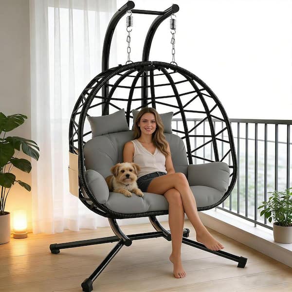 SEEUTEK Double Black Egg Chair Patio Hanging Basket Chair, Rattan SEEUTEK Double Black Egg Chair Patio Hanging Basket Chair, Rattan