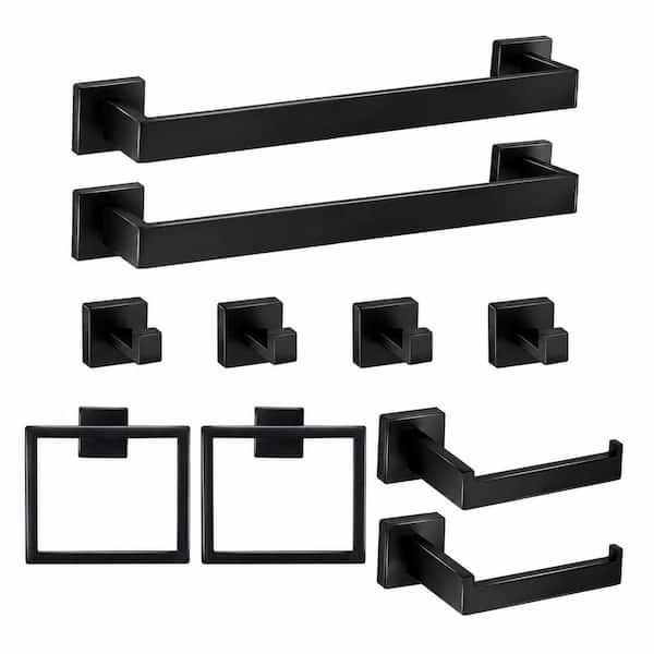 10 Piece Bathroom Hardware Set with Towel Bars Coat Hooks Towel Rings Toilet Paper Holders in Matte Black