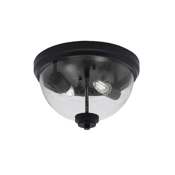 Unbranded Ashland 12 in. 2 Light Matte Black Flush Mount with Clear Bubble Glass Shade No Bulbs Included