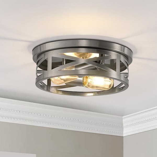 11 in. 2-Light Brushed Nickel No Glass Flush Mount with No Bulbs Included 1-Pack