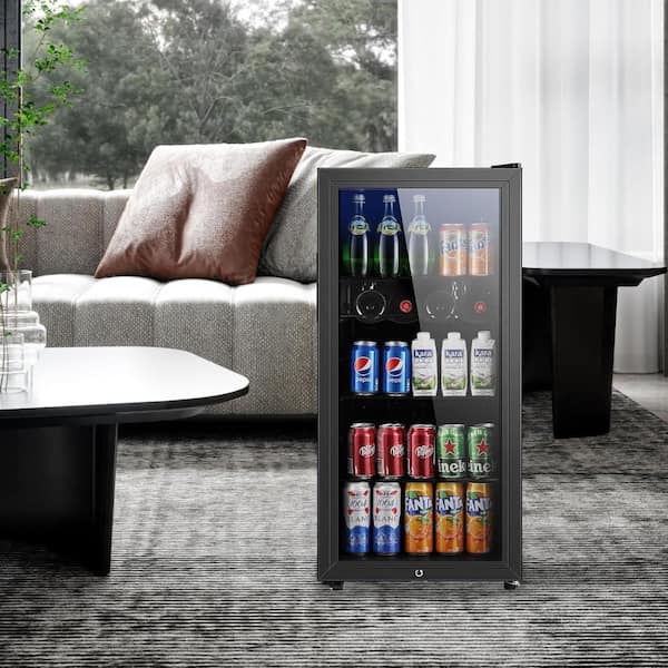 18 in. Single Zone 150 12 oz. Cans Beverage Cooler in Black with Double Glazed Door, Door Locks, 32°F - 50°F
