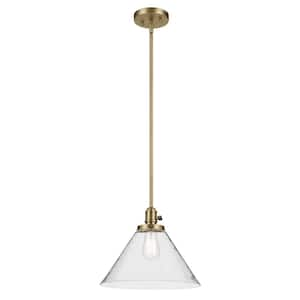 Avery 14 in. 1-Light Natural Brass Vintage Industrial Shaded Cone Kitchen Hanging Pendant Light with Clear Seeded Glass