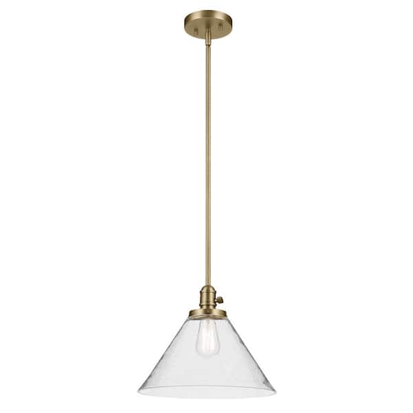 KICHLER Avery 14 in. 1-Light Natural Brass Vintage Industrial Shaded Cone Kitchen Hanging Pendant Light with Clear Seeded Glass