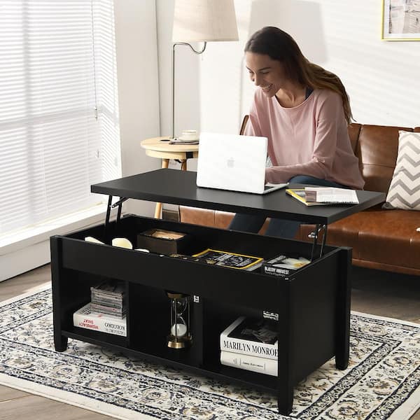 41 in. Black 24.5 in. Rectangle Wood Lift Top Coffee Table with Hidden Compartment and Storage Shelves