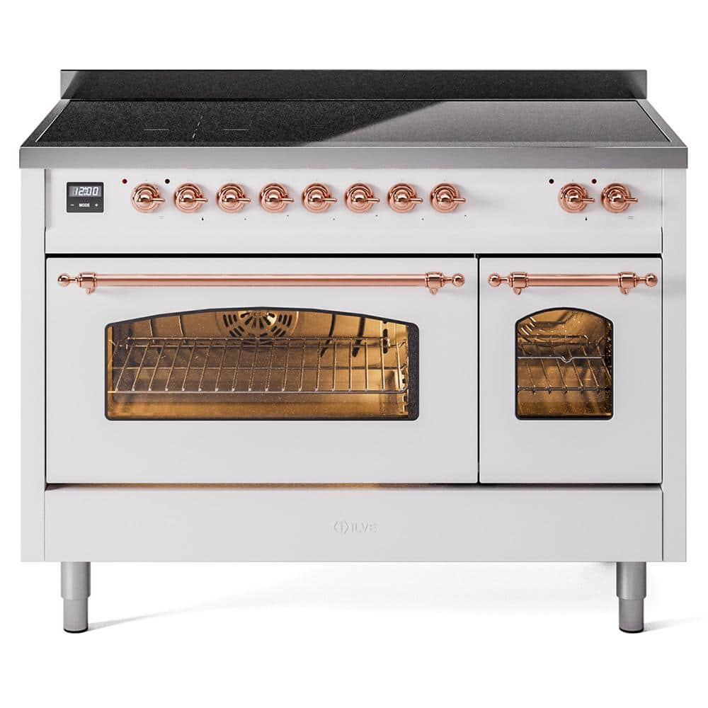 Nostalgie 48 in. 6 Zone Freestanding Double Oven Induction Range in White with Copper Trim -  ILVE, UPI486NMPWHP