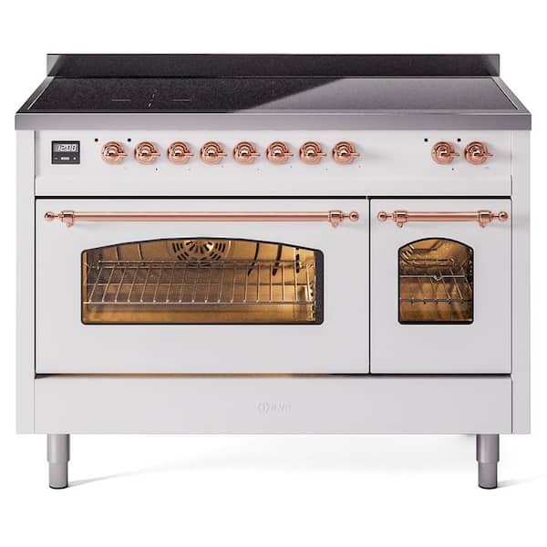 Nostalgie 48 in. 6 Zone Freestanding Double Oven Induction Range in White with Copper Trim