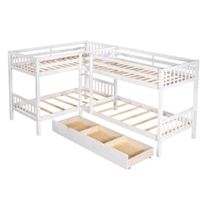 White L-Shaped Bunk Beds for 4,Twin Over Twin Bunk Bed with Drawers, Solid Wood Twin Size Bunk Bed Fram for Kids,Teens
