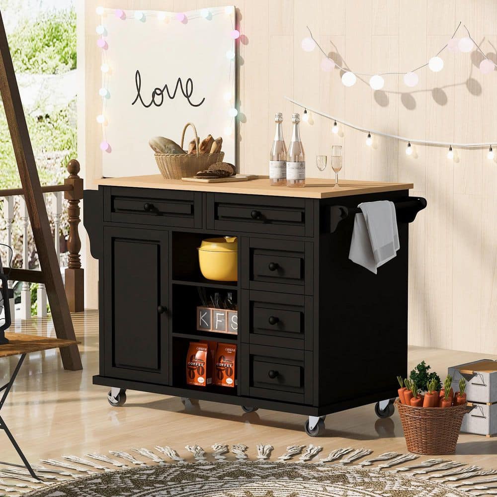 Black Wood 53 in. Kitchen Island with Rubber Wood Desktop, Adjustable Shelv