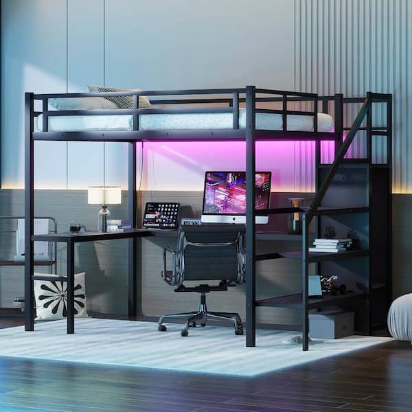 Boyel Living Black Full Size Loft Bed with L-shaped Desk and USB, Metal Loft Bed with Wardrobe and Adjustable Shelf