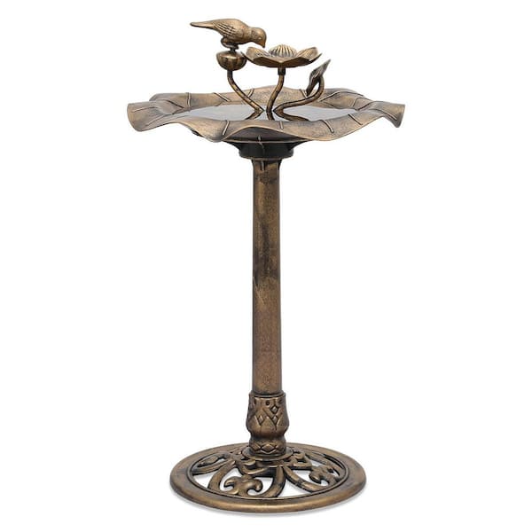 Bronze PP Outdoor Round Pedestal Standing Water Bird Bath with Petal Tray for Bird Food (19.5 in. W x 35 in. H)