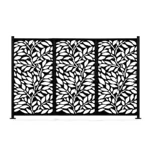 48 in. x 72 in. New Style MetalArt Laser Cut Metal Black Privacy Fence Screen Set, TreeLeaves, 2 Pole with 3 Panel