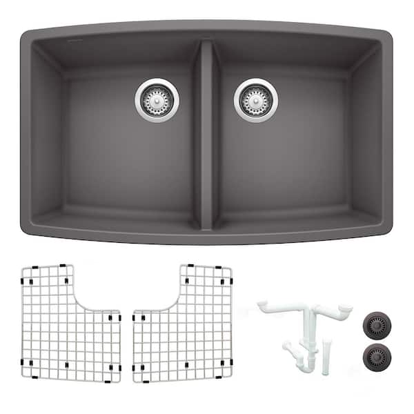 Blanco Performa 33 in. Undermount Double Bowl Cinder Granite Composite Kitchen Sink Kit with Accessories