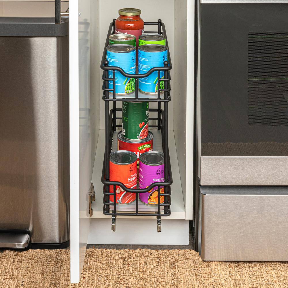 Black Steel 2-Tier Pull-Out Storage Organizer with Plastic Liners