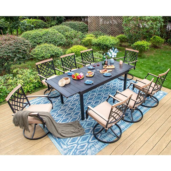PHI VILLA Black 9-Piece Metal Patio Outdoor Dining Set with Extendable Table and Swivel Chairs with Beige Cushions