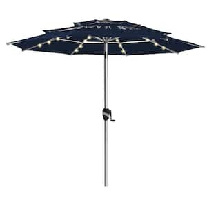 9 ft. 3 Tiers Aluminum Patio Umbrella Outdoor Market Umbrella with Push Button Tilt and LED lights in Navy Blue