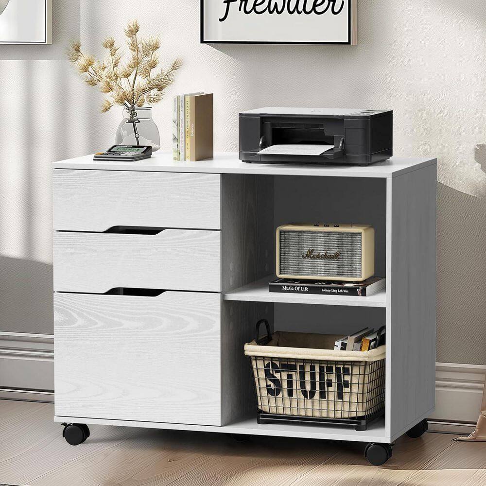 3-Drawer Lateral Mobile Wood File Cabinet with Wheels for Home Office (White)