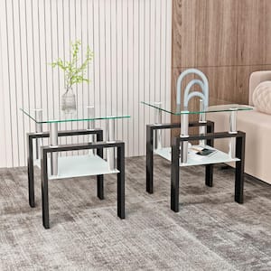 2-Piece Transparent Modern Tempered Glass Tea Table End Table with Black Legs for Living Room