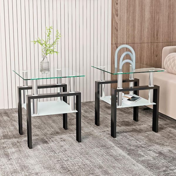 Zeus & Ruta 2-Piece Transparent Modern Tempered Glass Tea Table End Table with Black Legs for Living Room