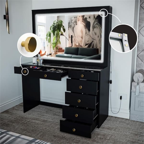 Theia Black Finish, 7 Drawers 57 in. W Dresser with Mirror