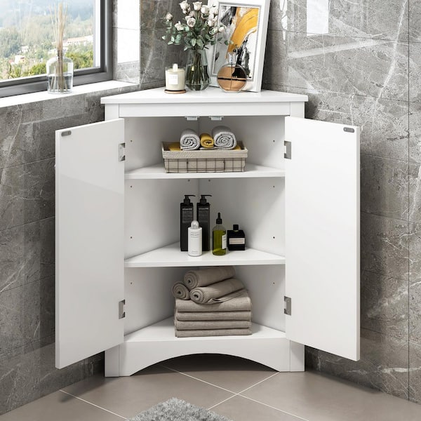 23.6 in. W x 17.2 in. D x 31.5 in. H White Linen Cabinet, Triangle Corner Storage Cabinet with Adjustable Shelves