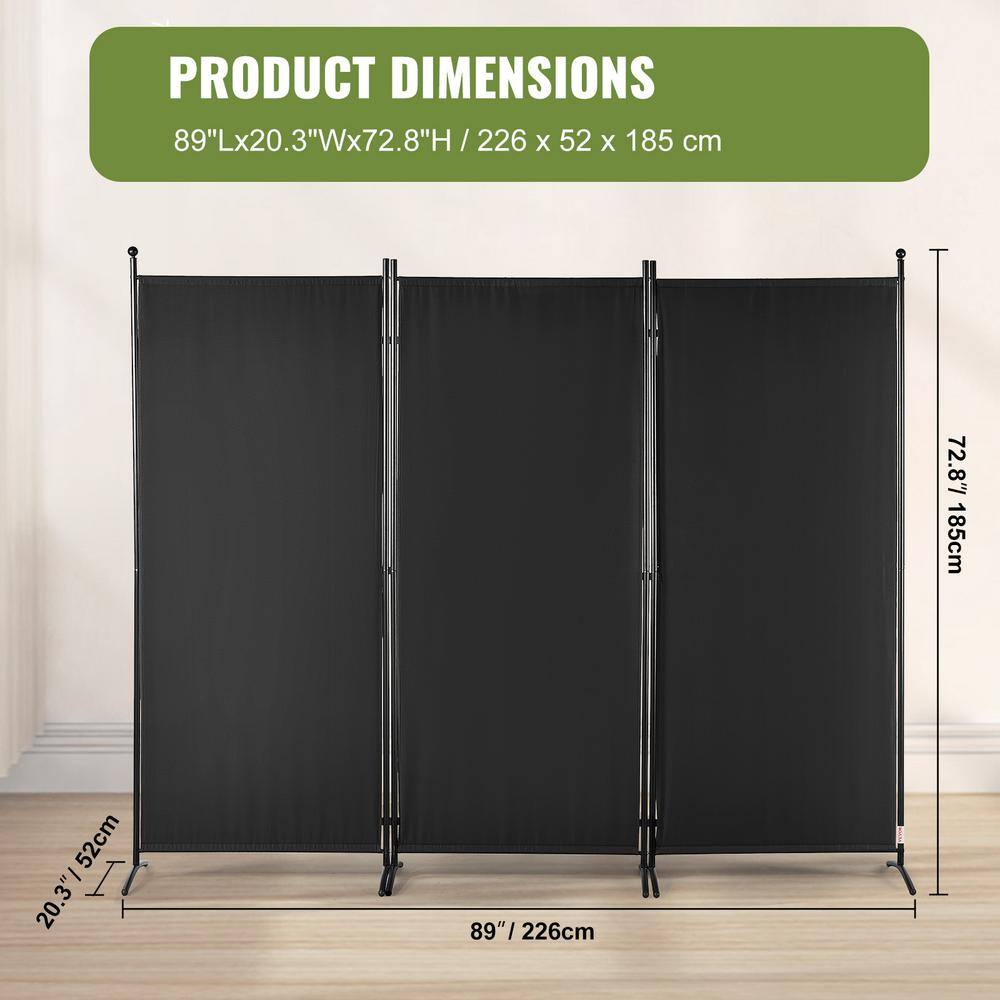 Black 6.1 ft Foldable Fabric 3-Panel Room Divider