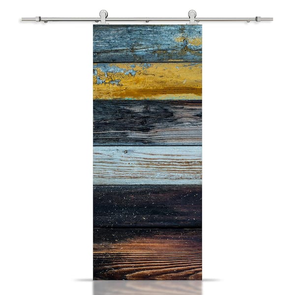 CALHOME 30 in. x 80 in. Artisan Print Series Multi Color Wood MDF Modern Interior Sliding Barn Door with Hardware Kit